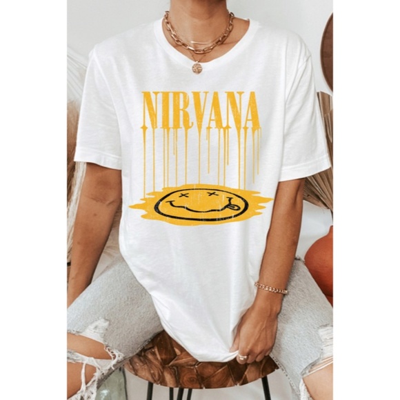 Tops - SOLD OUT Nirvana Yellow Dripping Smile Band Music Oversized Relaxed Fit Graphic